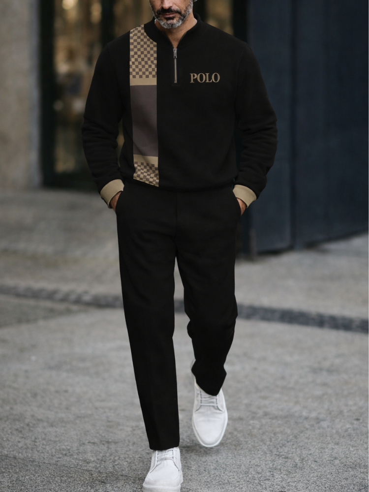 POLO Zipper Long Sleeve Long Pants Two-Piece Set